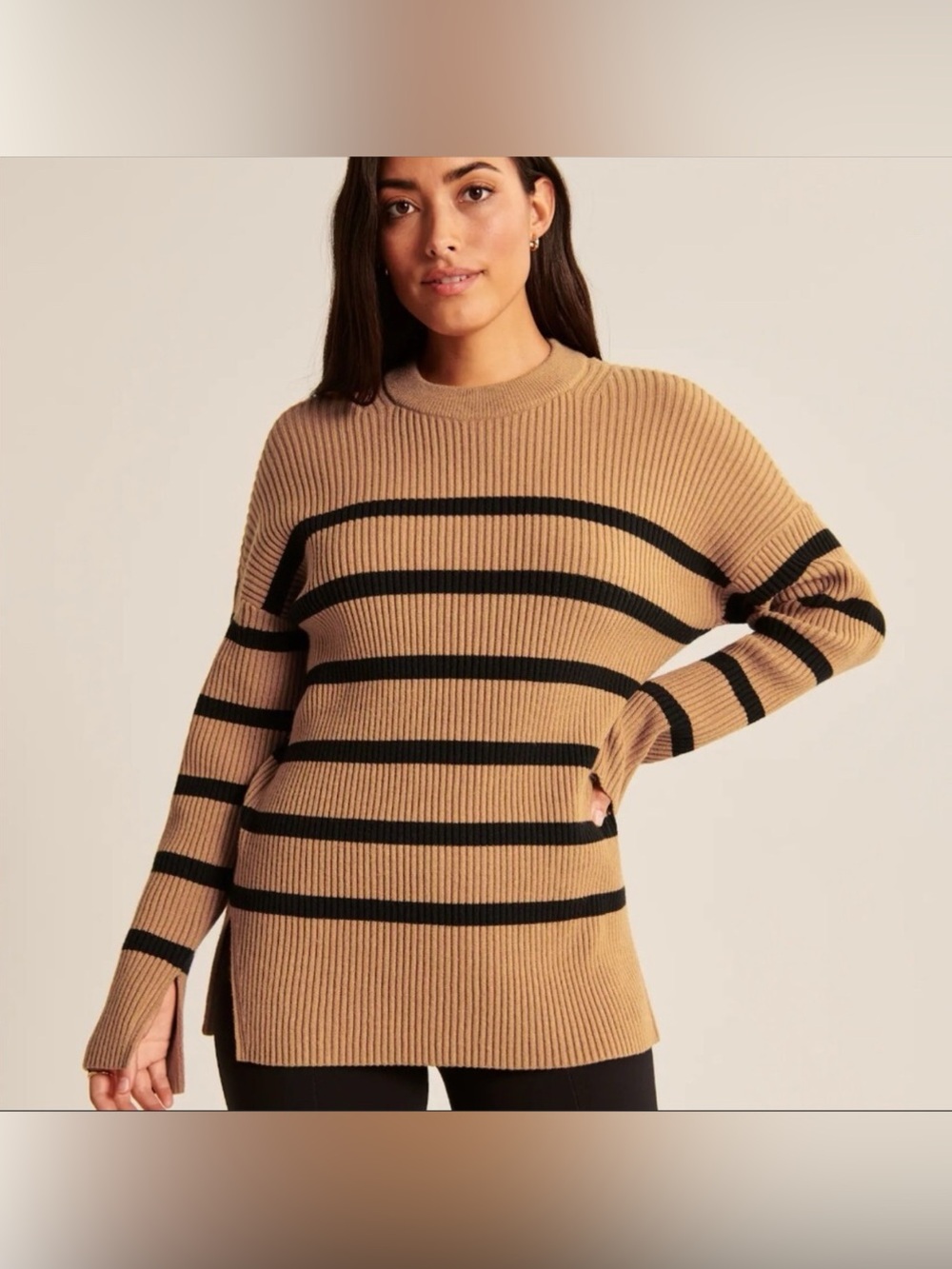 Abercrombie & Fitch Soft AF Oversized Striped Crew Sweater Women’s M Tan Black